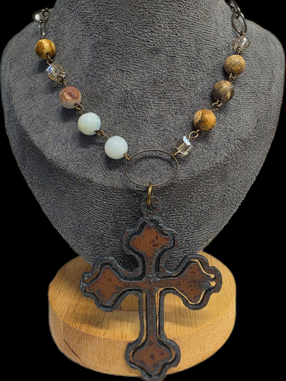 Wanderlust Rustic Cross Necklace with Brown, Cream & Aqua Beads